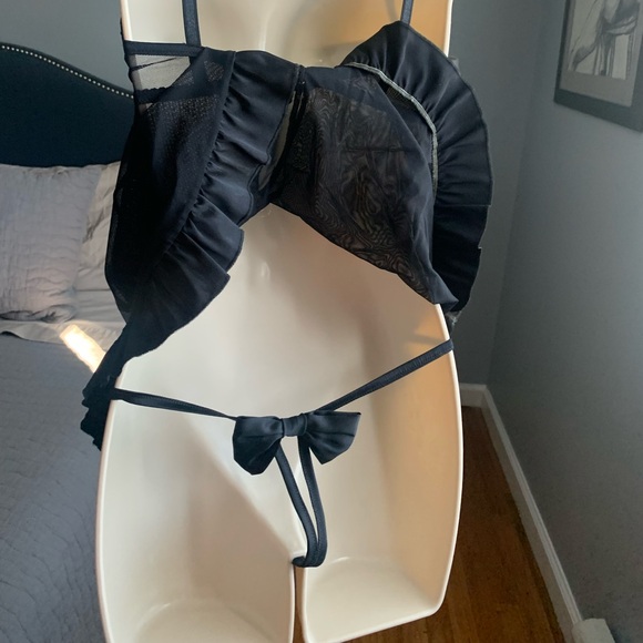 Myla black satin bow and mesh babydoll with matching thong. - Picture 4 of 12